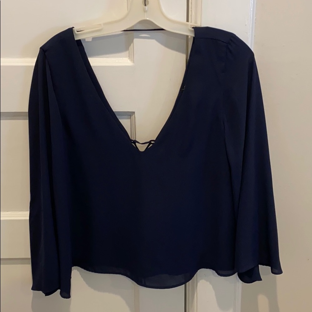 Zara navy deep V blouse, lace up back, M
